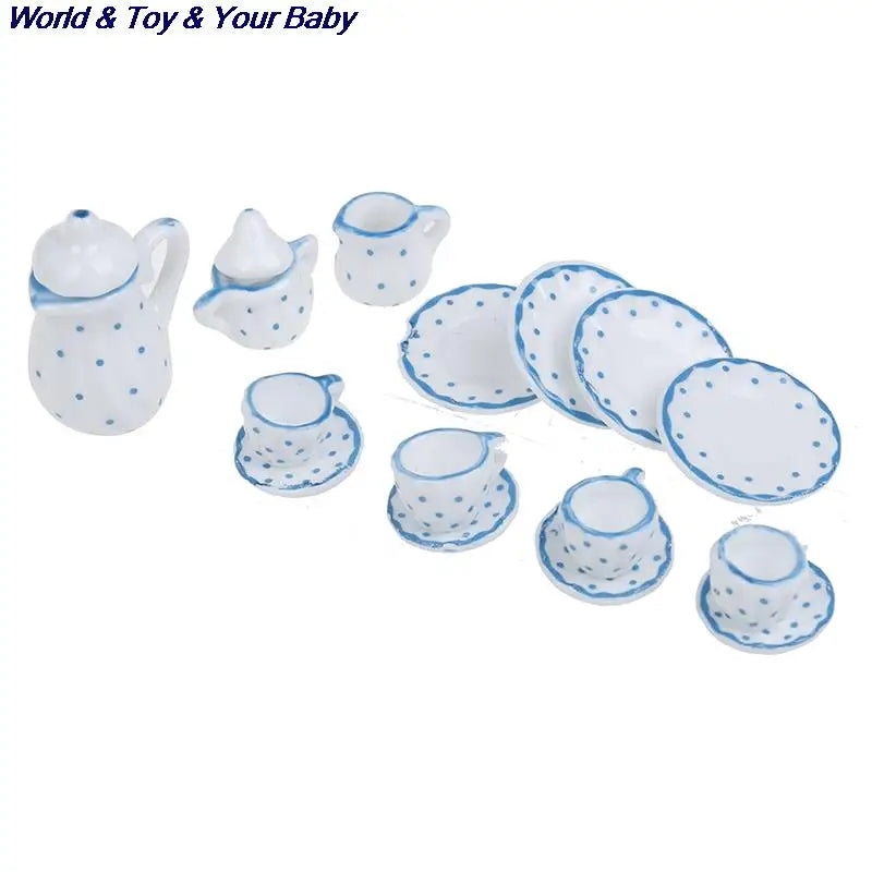 15Pcs 1:12 Miniature Porcelain Tea Cup Set Chintz Flower Tableware Kitchen Dollhouse Furniture Toys For Children