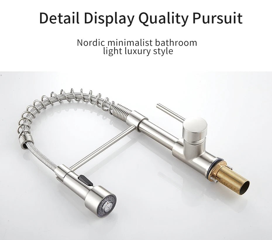 Kitchen Faucets Brush Brass Faucets for Kitchen Sink Single Lever Pull Down Spring Spout Mixers Tap Hot Cold Water Crane 9009