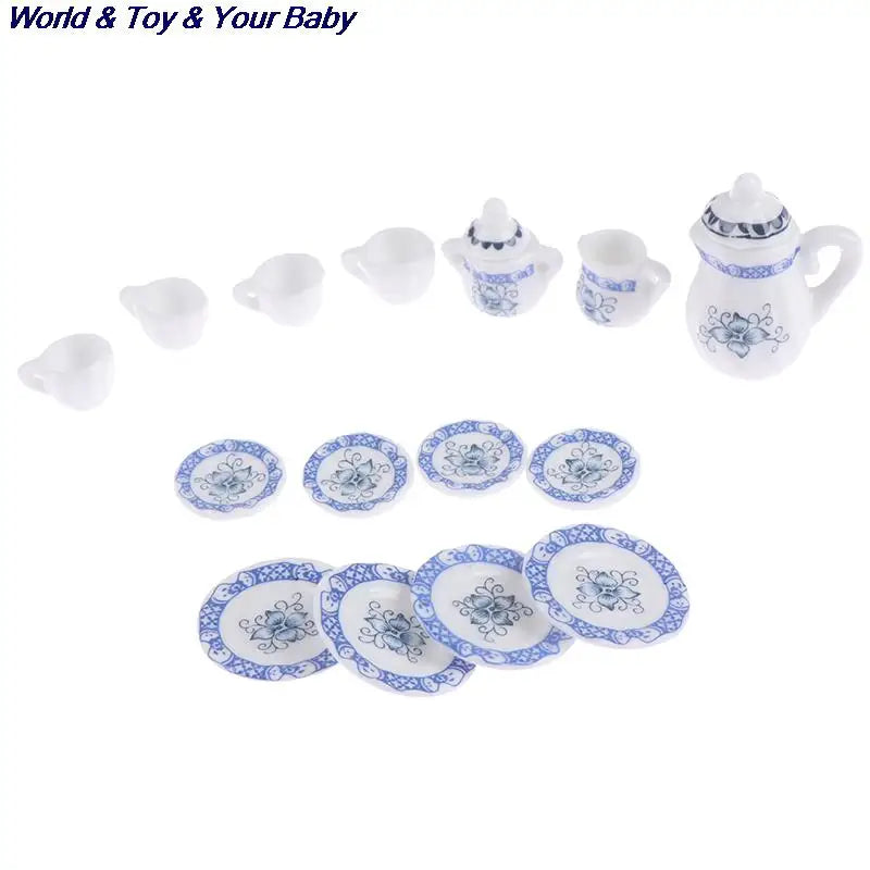 15Pcs 1:12 Miniature Porcelain Tea Cup Set Chintz Flower Tableware Kitchen Dollhouse Furniture Toys For Children