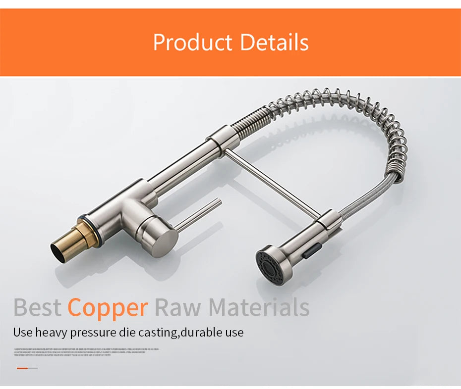 Kitchen Faucets Brush Brass Faucets for Kitchen Sink Single Lever Pull Down Spring Spout Mixers Tap Hot Cold Water Crane 9009