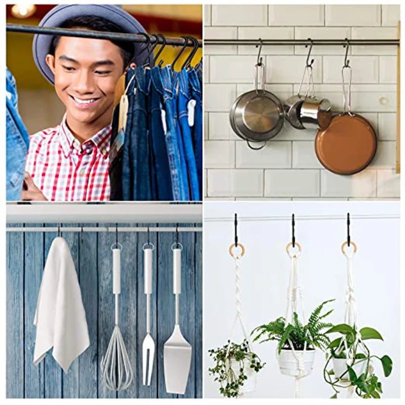 Black S Shaped Hooks Hanging Heavy Duty S Hooks Hanger for Kitchen Bathroom Bedroom Office Pan Coat Bag Plants Hanger Rack