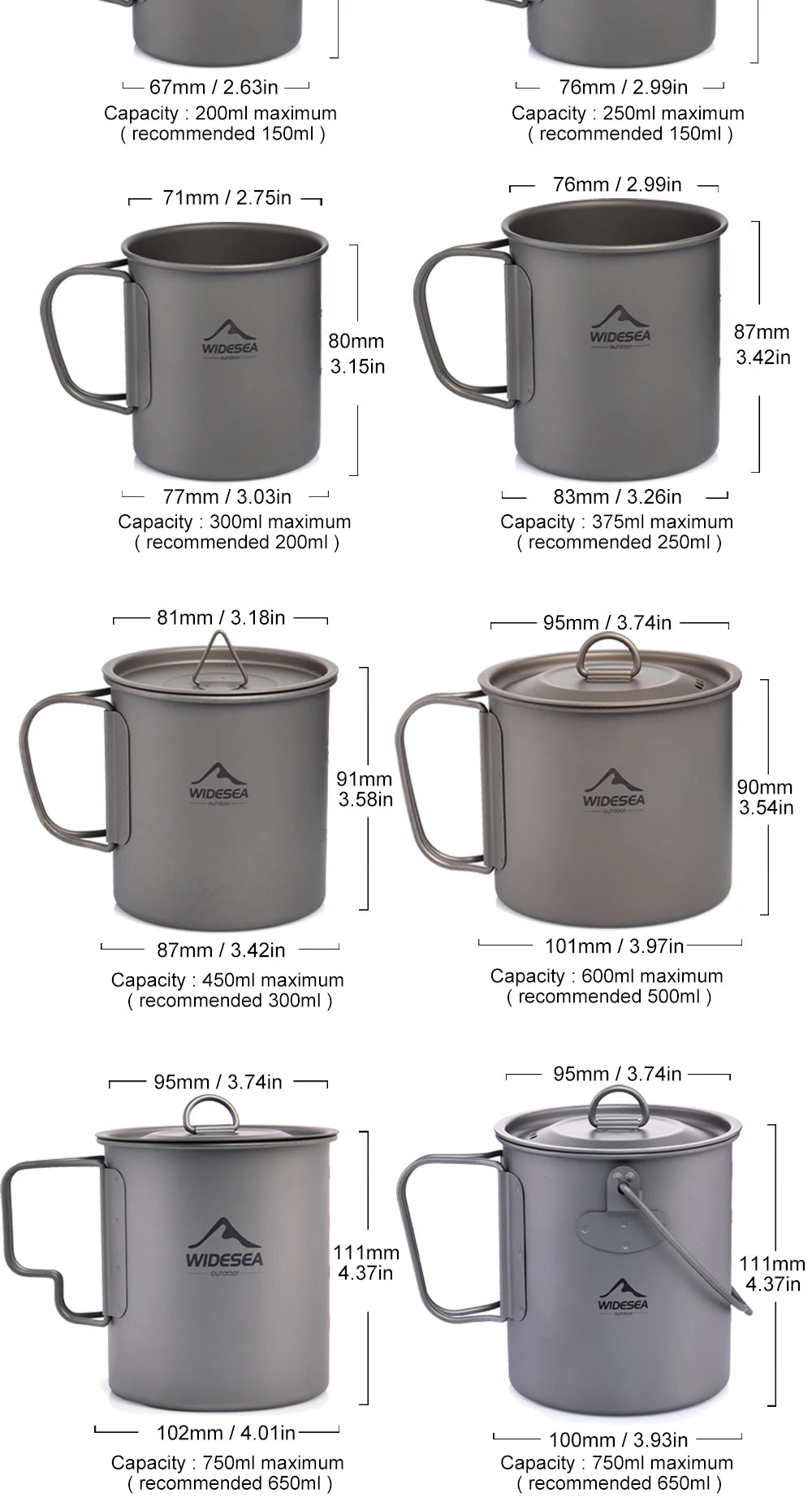 Widesea Camping Mug Titanium Cup Tourist Tableware Picnic Utensils Outdoor Kitchen Equipment Travel Cooking set Cookware Hiking