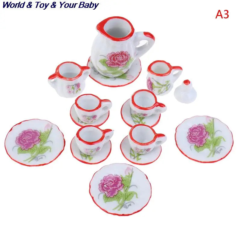 15Pcs 1:12 Miniature Porcelain Tea Cup Set Chintz Flower Tableware Kitchen Dollhouse Furniture Toys For Children