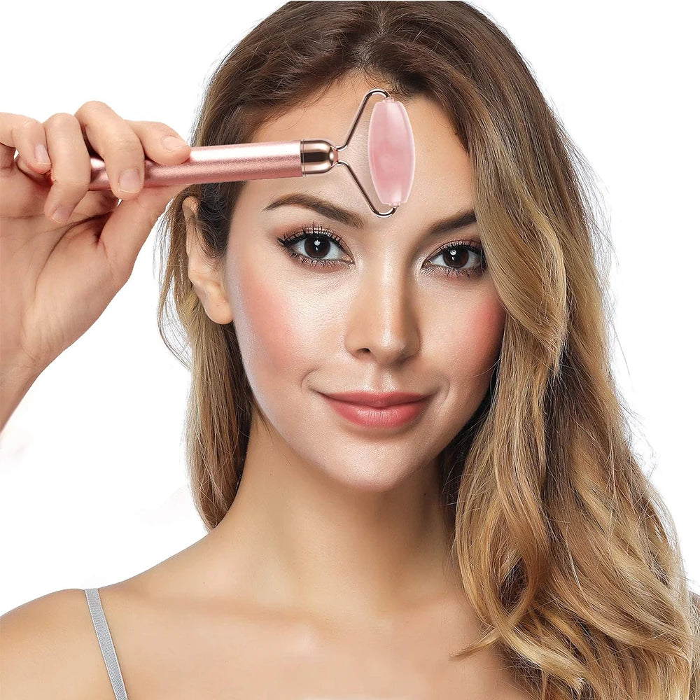 5-in-1 24K Gold Beauty Wand Face Massager Electric Vibrating Rose Quartz 3D Roller Face Lifting Body Facial Gua Sha Jade Roller