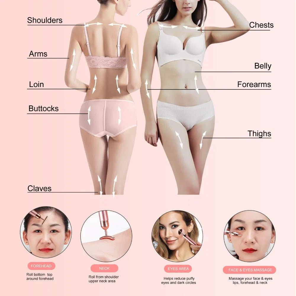 5-in-1 24K Gold Beauty Wand Face Massager Electric Vibrating Rose Quartz 3D Roller Face Lifting Body Facial Gua Sha Jade Roller