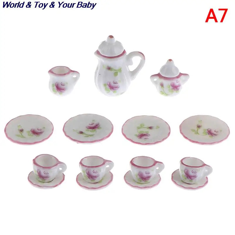 15Pcs 1:12 Miniature Porcelain Tea Cup Set Chintz Flower Tableware Kitchen Dollhouse Furniture Toys For Children