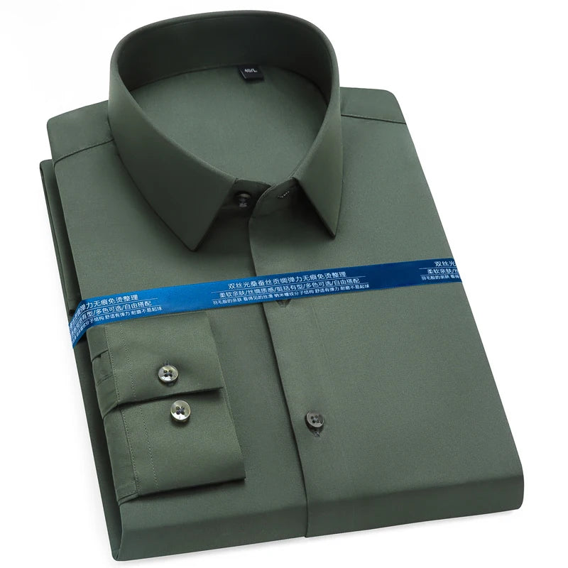 Men's Silk Touch Long Sleeve Non-iron Dress Shirt Without Pocket Stretchy Silky Regular Fit Wrinkle Free Business Casual Shirts