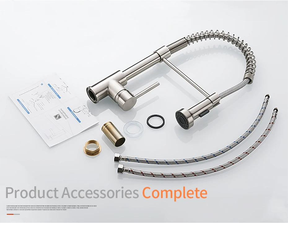 Kitchen Faucets Brush Brass Faucets for Kitchen Sink Single Lever Pull Down Spring Spout Mixers Tap Hot Cold Water Crane 9009
