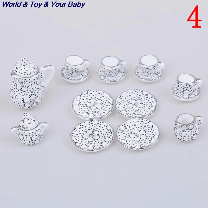 15Pcs 1:12 Miniature Porcelain Tea Cup Set Chintz Flower Tableware Kitchen Dollhouse Furniture Toys For Children
