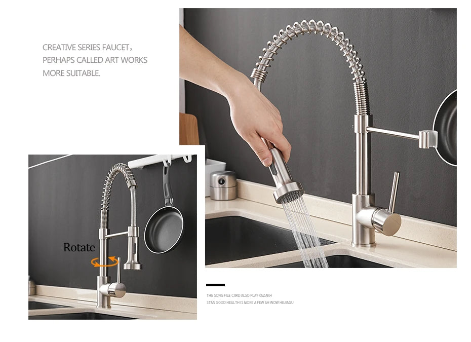 Kitchen Faucets Brush Brass Faucets for Kitchen Sink Single Lever Pull Down Spring Spout Mixers Tap Hot Cold Water Crane 9009