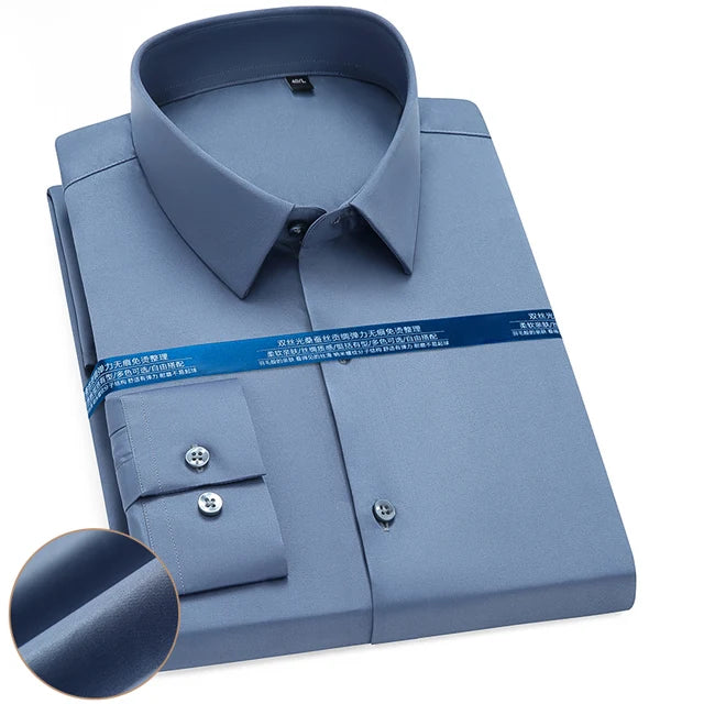 Men's Silk Touch Long Sleeve Non-iron Dress Shirt Without Pocket Stretchy Silky Regular Fit Wrinkle Free Business Casual Shirts