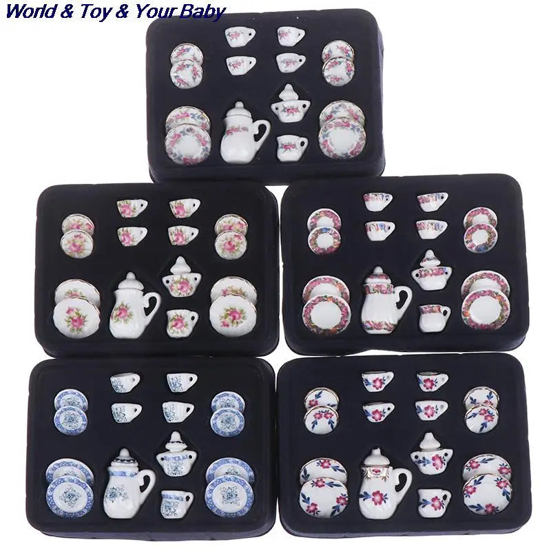 15Pcs 1:12 Miniature Porcelain Tea Cup Set Chintz Flower Tableware Kitchen Dollhouse Furniture Toys For Children
