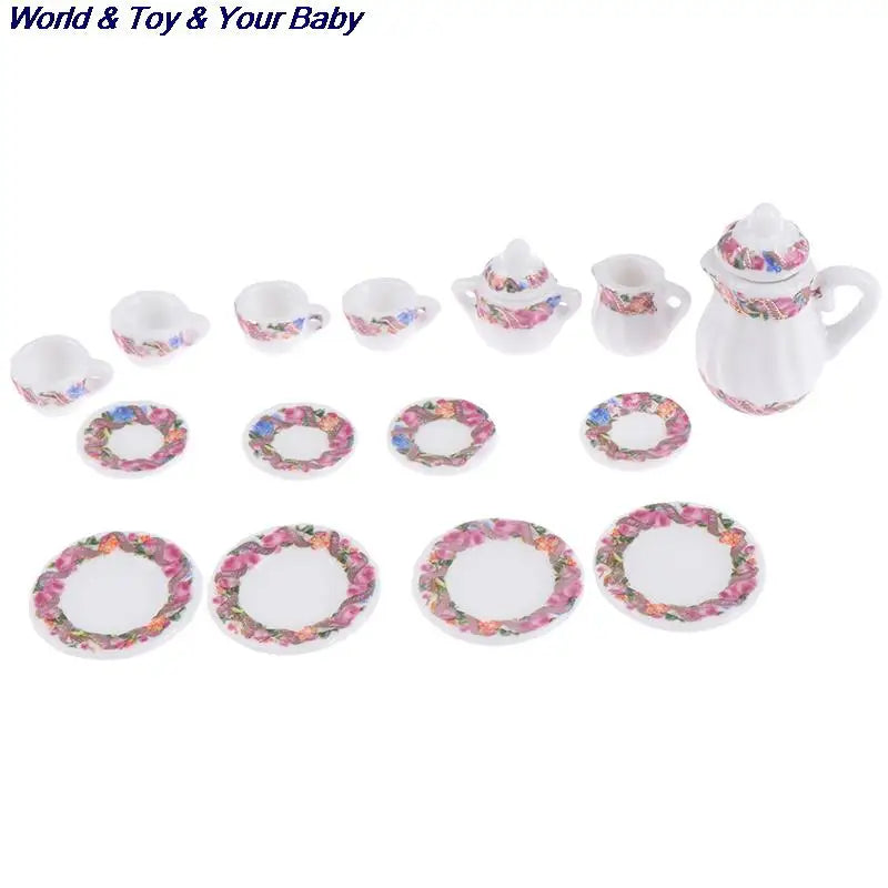 15Pcs 1:12 Miniature Porcelain Tea Cup Set Chintz Flower Tableware Kitchen Dollhouse Furniture Toys For Children