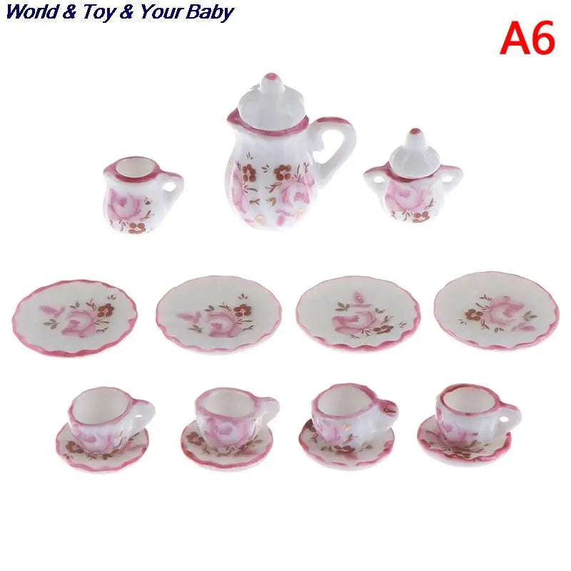 15Pcs 1:12 Miniature Porcelain Tea Cup Set Chintz Flower Tableware Kitchen Dollhouse Furniture Toys For Children