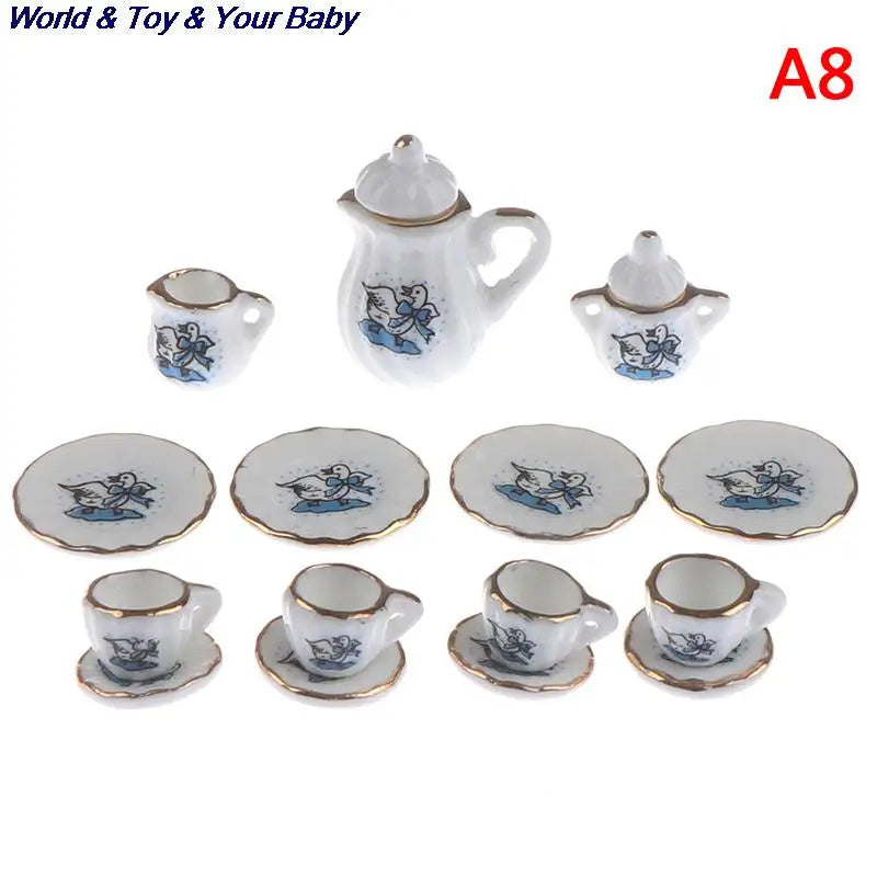 15Pcs 1:12 Miniature Porcelain Tea Cup Set Chintz Flower Tableware Kitchen Dollhouse Furniture Toys For Children