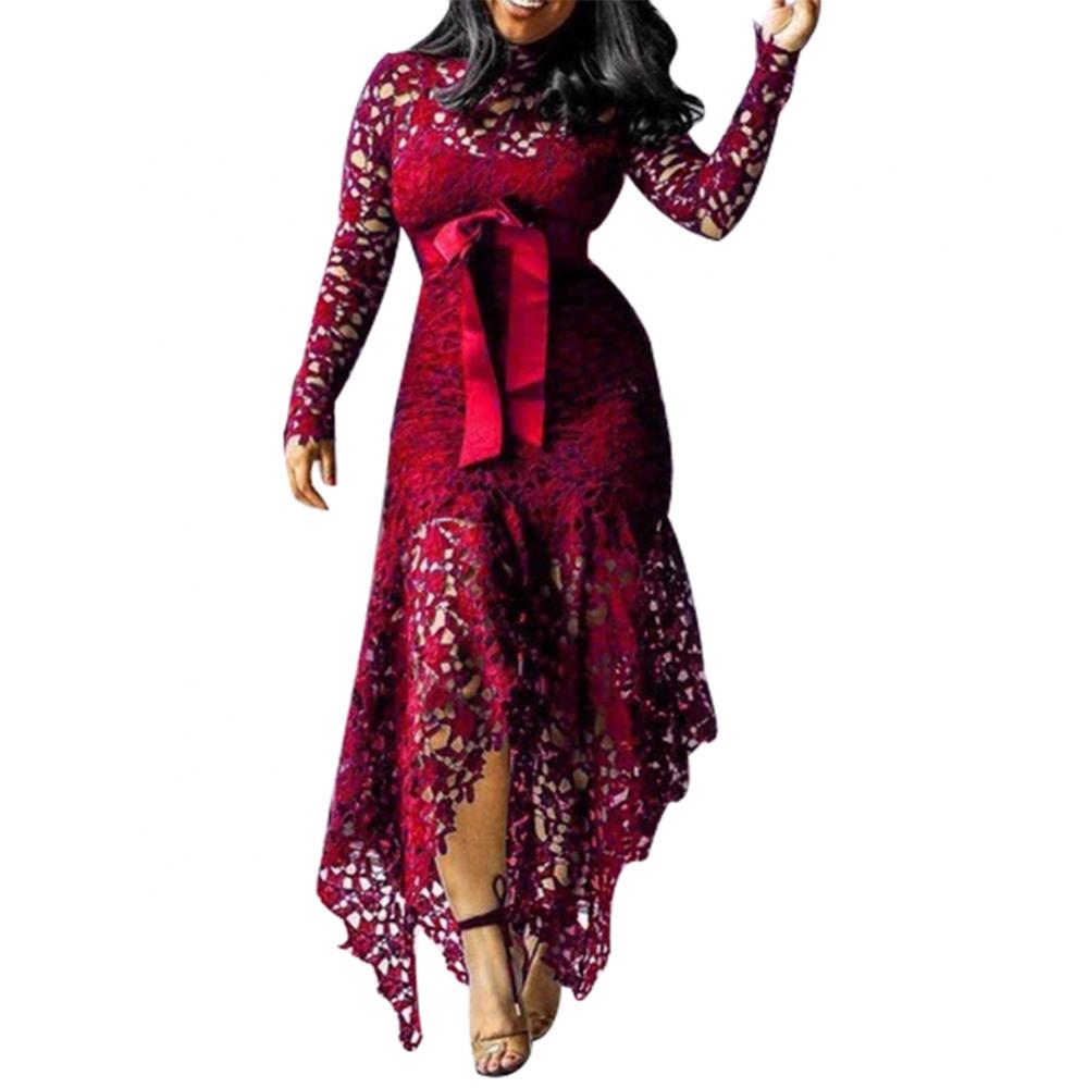 70% Hot Sell Women Long Sleeve Bow Belted Irregular Hem Hollow Lace Sexy Bodycon Long Dress