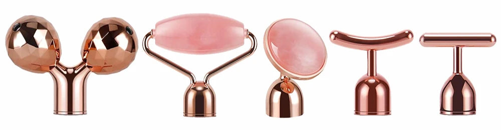 5-in-1 24K Gold Beauty Wand Face Massager Electric Vibrating Rose Quartz 3D Roller Face Lifting Body Facial Gua Sha Jade Roller
