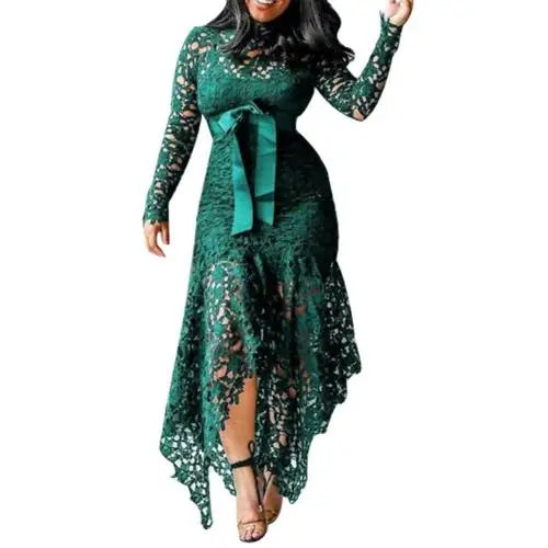 70% Hot Sell Women Long Sleeve Bow Belted Irregular Hem Hollow Lace Sexy Bodycon Long Dress