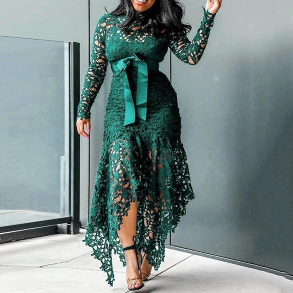 70% Hot Sell Women Long Sleeve Bow Belted Irregular Hem Hollow Lace Sexy Bodycon Long Dress