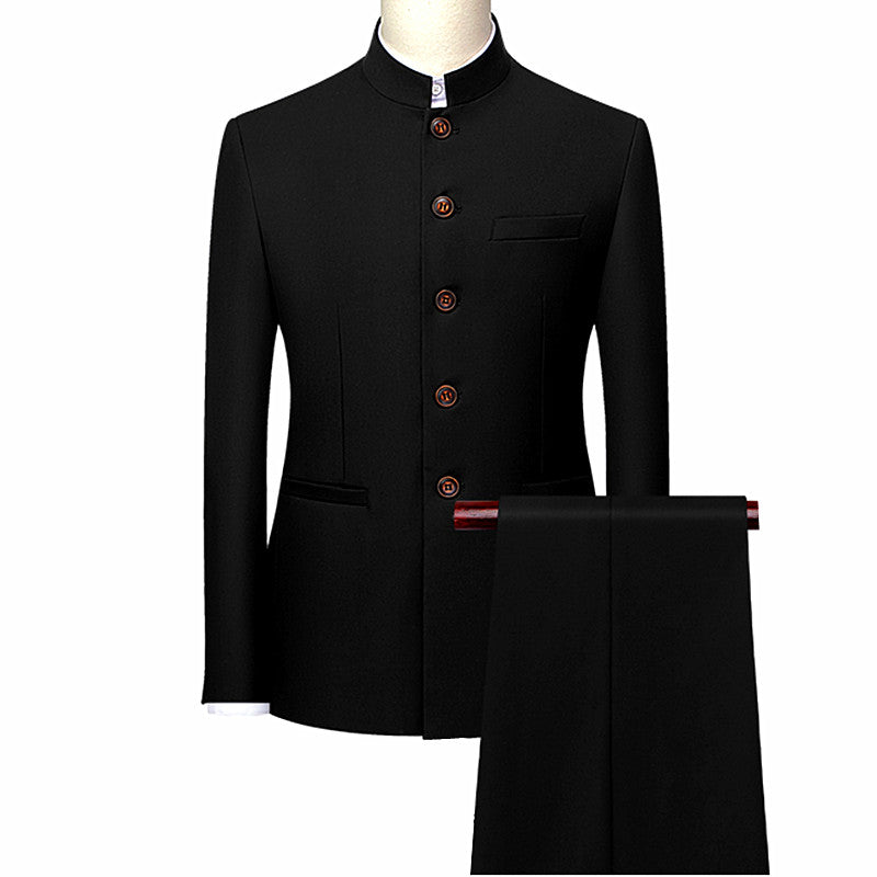 White Men's Stand Collar Chinese Style Slim Fit Two Piece Suit Set / Men Zhong Shan Blazer Jacket Coat Pants Trousers 2 Pcs 7XL
