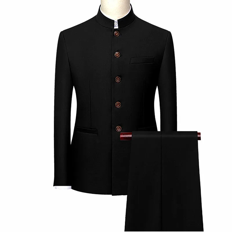 White Men's Stand Collar Chinese Style Slim Fit Two Piece Suit Set / Men Zhong Shan Blazer Jacket Coat Pants Trousers 2 Pcs 7XL