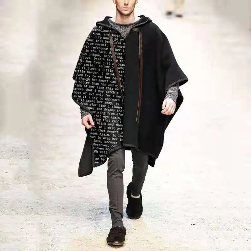 Vintage Poncho Men Oversized Hooded Irregular Trench Punk Male Outerwear Fashion Coats Cloak Hood Letter Print Cape Female