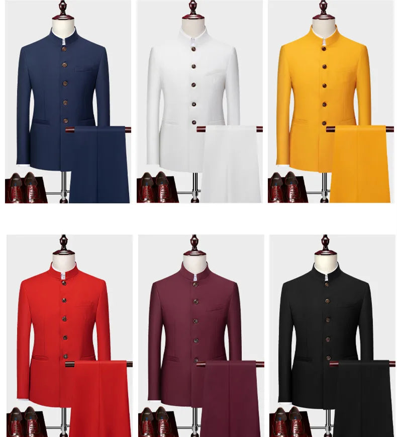 White Men's Stand Collar Chinese Style Slim Fit Two Piece Suit Set / Men Zhong Shan Blazer Jacket Coat Pants Trousers 2 Pcs 7XL