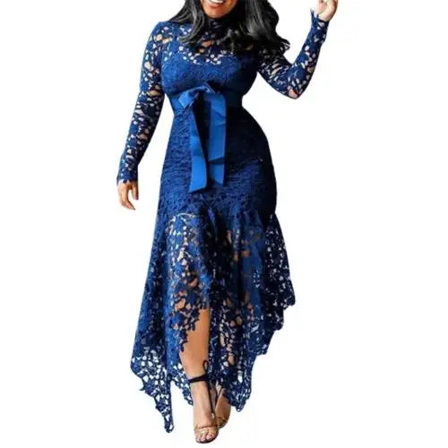 70% Hot Sell Women Long Sleeve Bow Belted Irregular Hem Hollow Lace Sexy Bodycon Long Dress