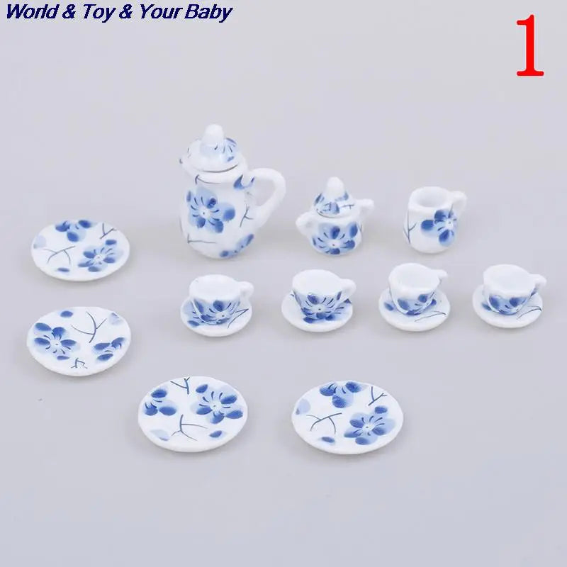 15Pcs 1:12 Miniature Porcelain Tea Cup Set Chintz Flower Tableware Kitchen Dollhouse Furniture Toys For Children