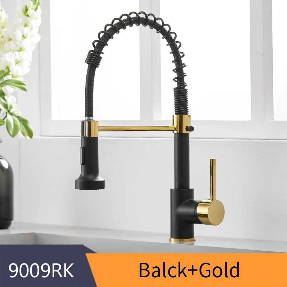Kitchen Faucets Brush Brass Faucets for Kitchen Sink Single Lever Pull Down Spring Spout Mixers Tap Hot Cold Water Crane 9009