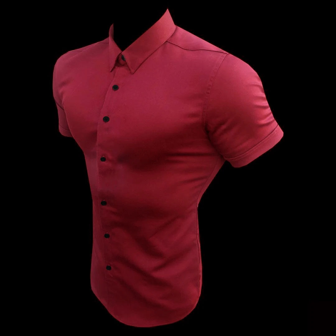 Summer Fashion Man Short Sleeve Shirt Solid Fitness Mens Turn-down Collar Super Slim Fit Business Dress Shirt Button Gym Tops