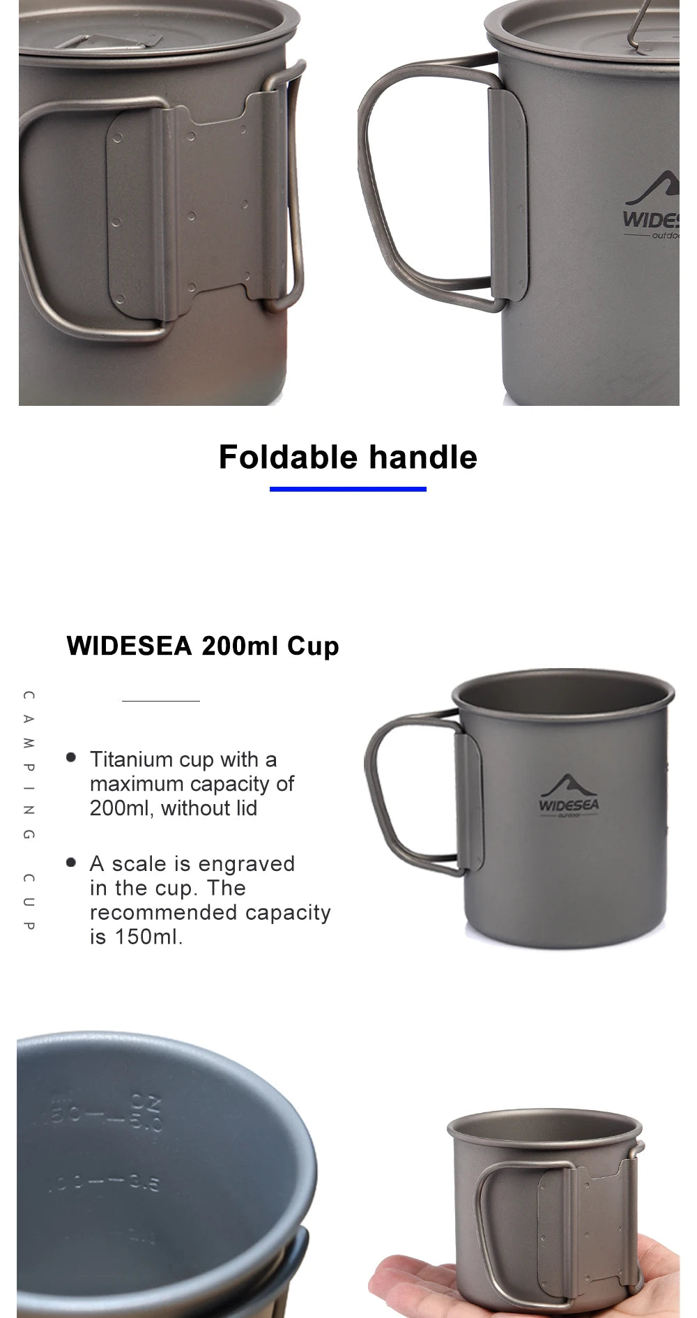 Widesea Camping Mug Titanium Cup Tourist Tableware Picnic Utensils Outdoor Kitchen Equipment Travel Cooking set Cookware Hiking