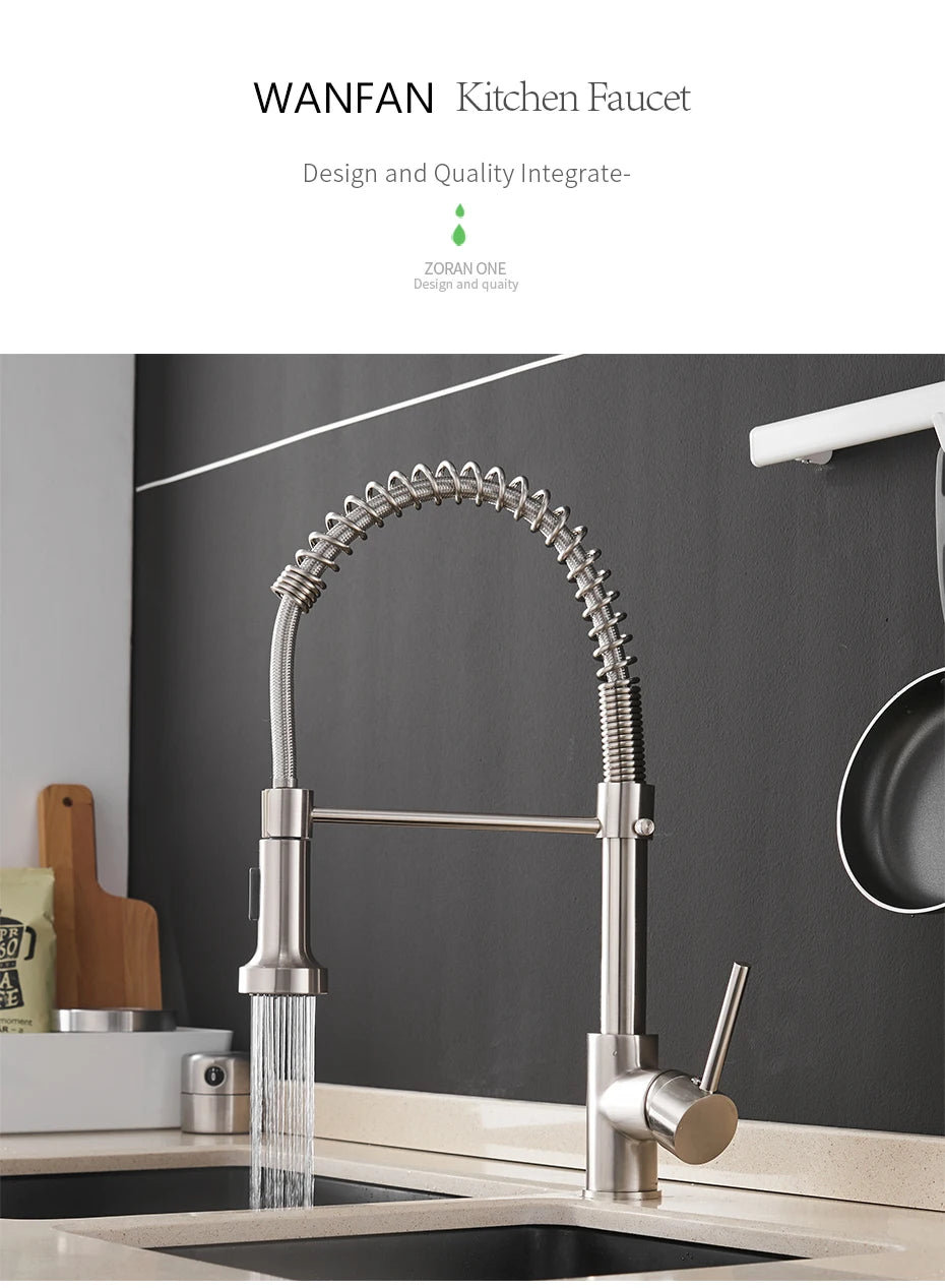 Kitchen Faucets Brush Brass Faucets for Kitchen Sink Single Lever Pull Down Spring Spout Mixers Tap Hot Cold Water Crane 9009