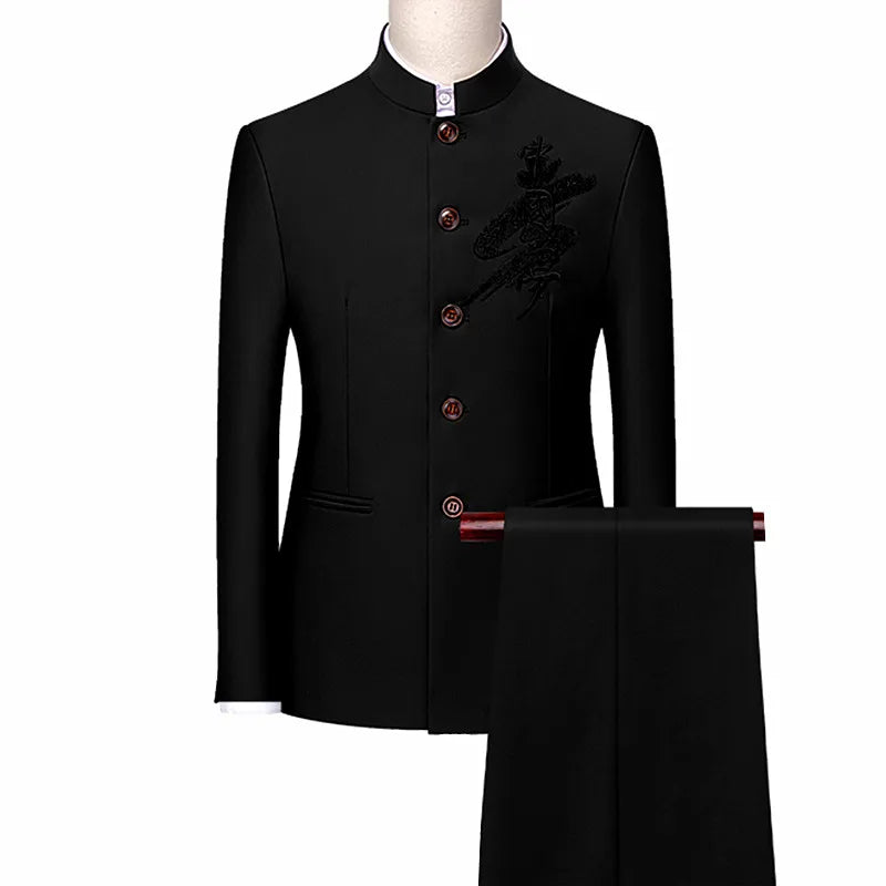 White Men's Stand Collar Chinese Style Slim Fit Two Piece Suit Set / Men Zhong Shan Blazer Jacket Coat Pants Trousers 2 Pcs 7XL