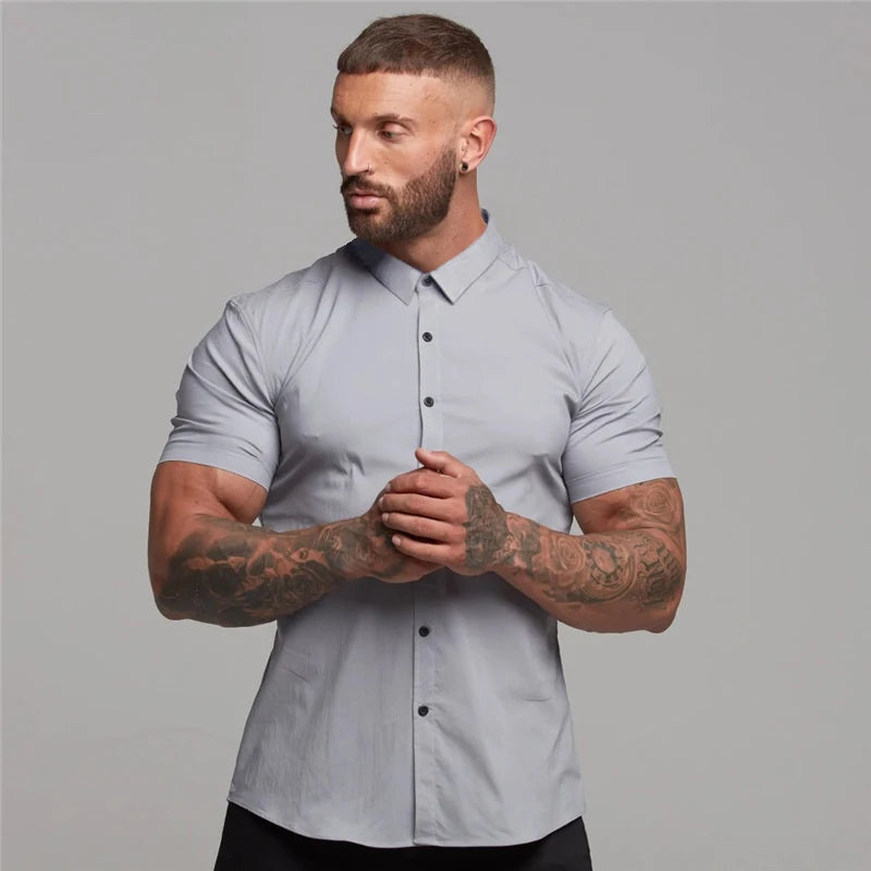 Summer Fashion Man Short Sleeve Shirt Solid Fitness Mens Turn-down Collar Super Slim Fit Business Dress Shirt Button Gym Tops
