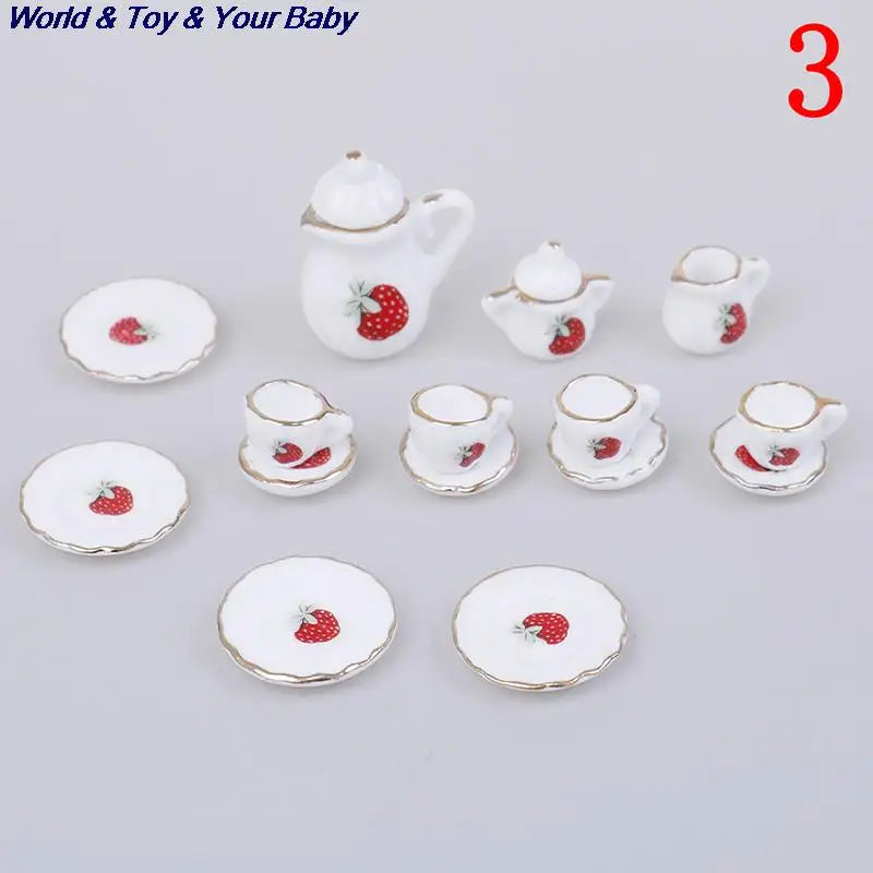 15Pcs 1:12 Miniature Porcelain Tea Cup Set Chintz Flower Tableware Kitchen Dollhouse Furniture Toys For Children