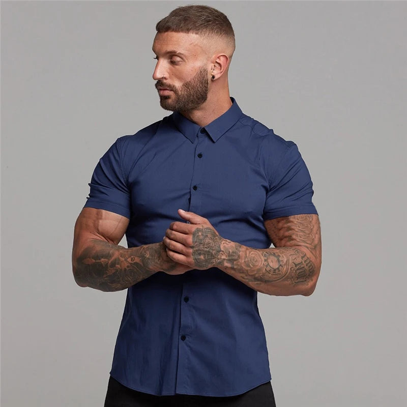 Summer Fashion Man Short Sleeve Shirt Solid Fitness Mens Turn-down Collar Super Slim Fit Business Dress Shirt Button Gym Tops