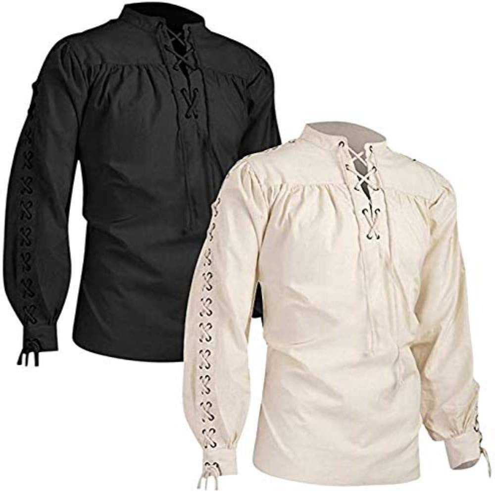 2024 Shirts Men Tunic Viking Pirate Costume Gothic Clothes Men Vintage Shirt Ruffle Neckline Drawstring Knight Cosplay Top