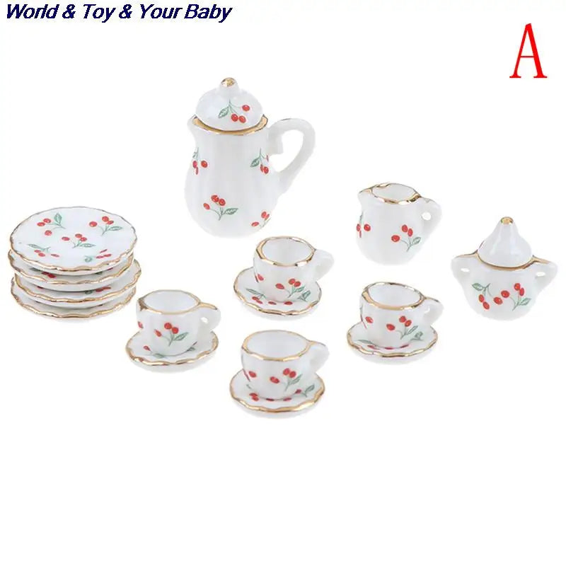 15Pcs 1:12 Miniature Porcelain Tea Cup Set Chintz Flower Tableware Kitchen Dollhouse Furniture Toys For Children