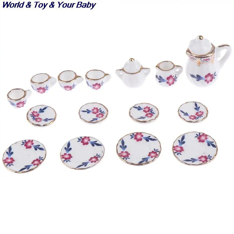 15Pcs 1:12 Miniature Porcelain Tea Cup Set Chintz Flower Tableware Kitchen Dollhouse Furniture Toys For Children