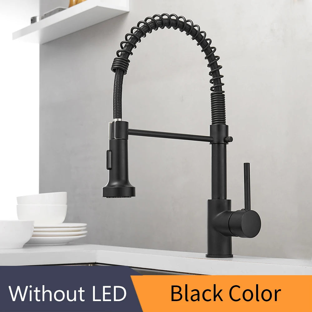 Kitchen Faucets Brush Brass Faucets for Kitchen Sink Single Lever Pull Down Spring Spout Mixers Tap Hot Cold Water Crane 9009