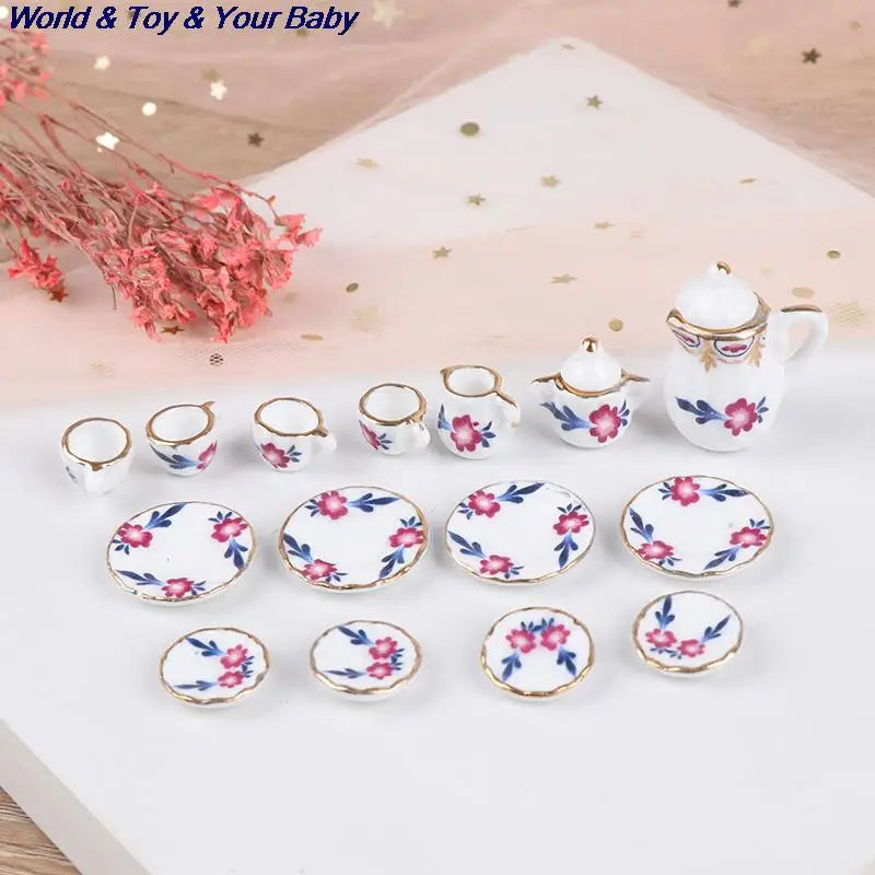 15Pcs 1:12 Miniature Porcelain Tea Cup Set Chintz Flower Tableware Kitchen Dollhouse Furniture Toys For Children