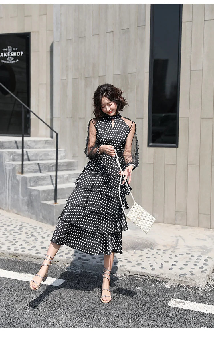 Transparent Long-Sleeved Chiffon Dress for Ladies, Polka Dot, Elegant Temperament, Fashion, New