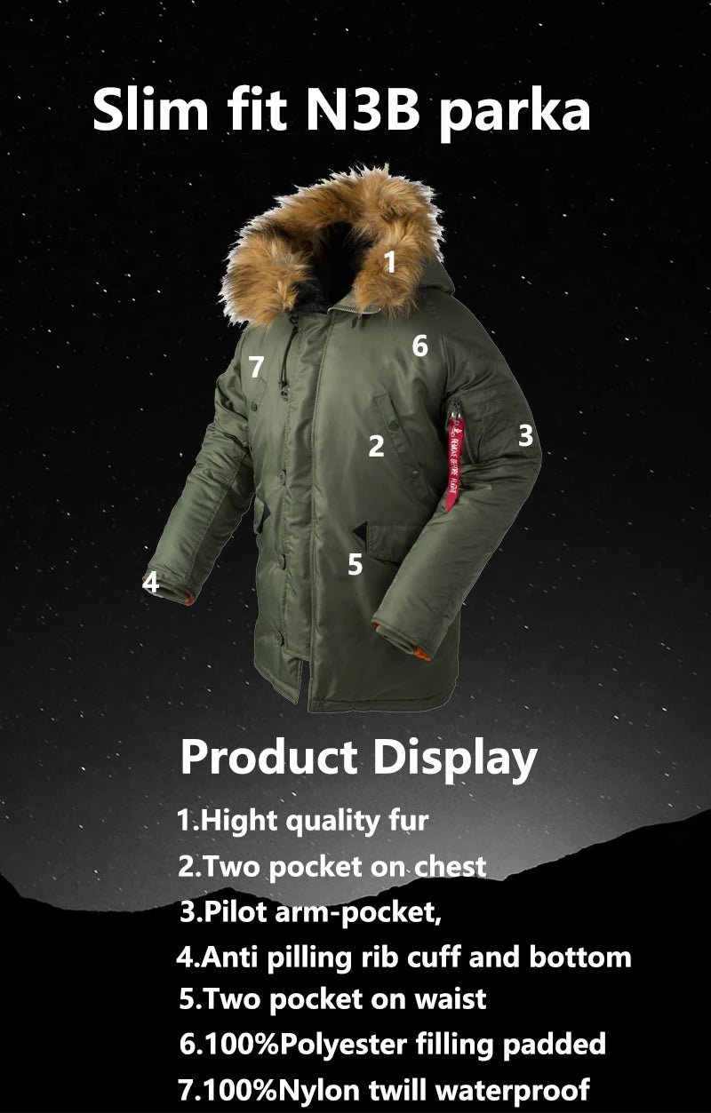 2025 Winter N3B puffer men long Куртка аляска coat military fur hood warm tactical bomber army korean thick parka
