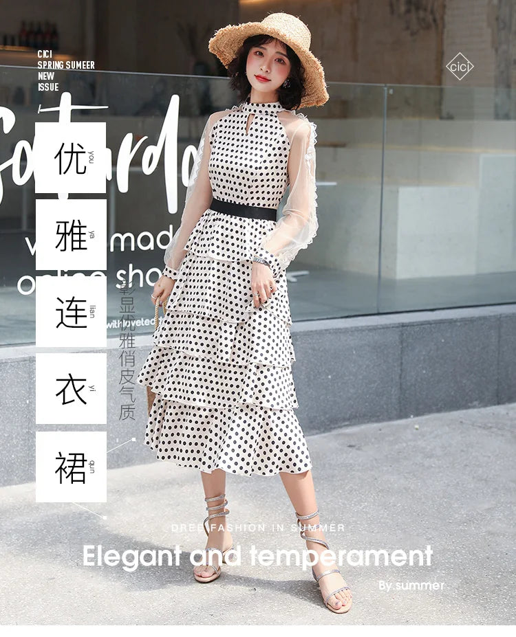 Transparent Long-Sleeved Chiffon Dress for Ladies, Polka Dot, Elegant Temperament, Fashion, New