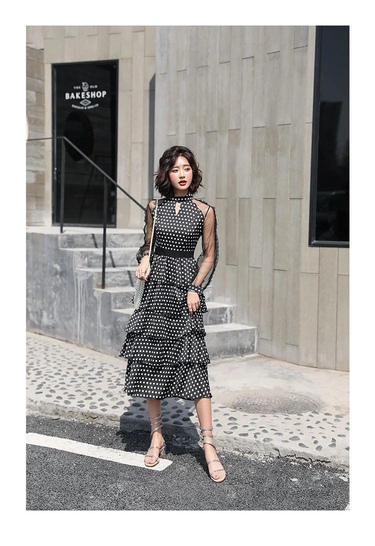 Transparent Long-Sleeved Chiffon Dress for Ladies, Polka Dot, Elegant Temperament, Fashion, New