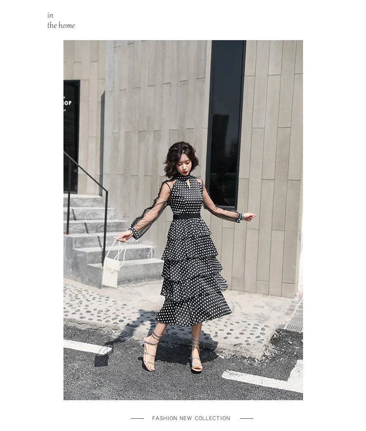 Transparent Long-Sleeved Chiffon Dress for Ladies, Polka Dot, Elegant Temperament, Fashion, New