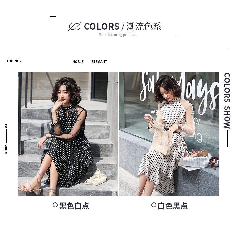 Transparent Long-Sleeved Chiffon Dress for Ladies, Polka Dot, Elegant Temperament, Fashion, New