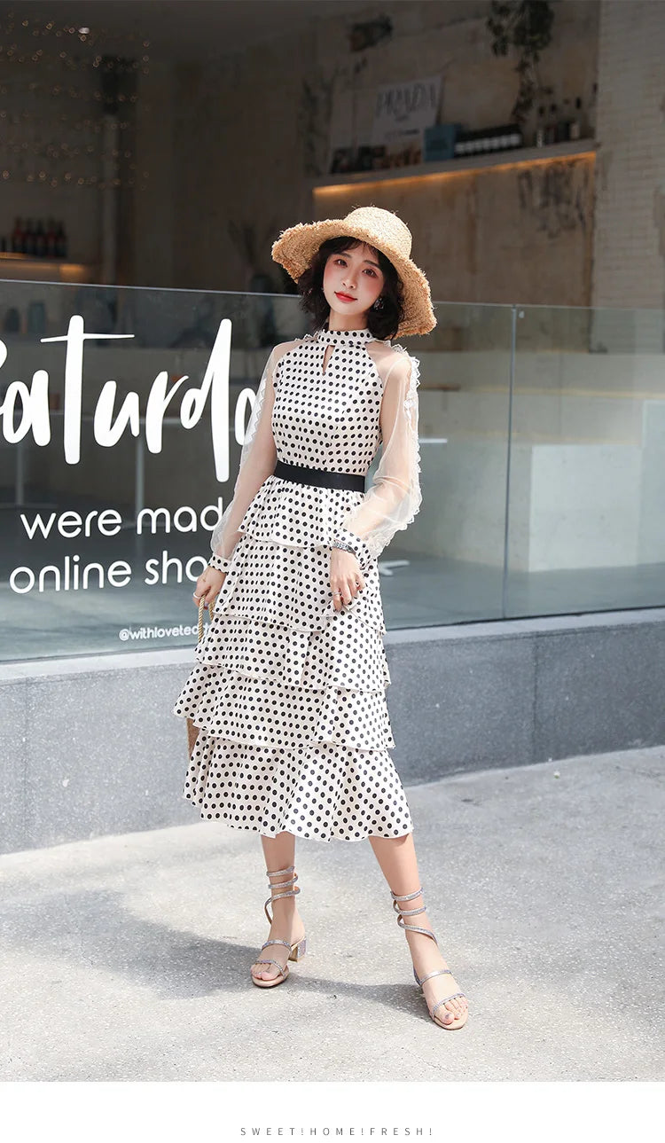 Transparent Long-Sleeved Chiffon Dress for Ladies, Polka Dot, Elegant Temperament, Fashion, New