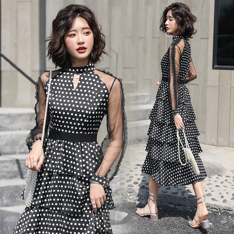 Transparent Long-Sleeved Chiffon Dress for Ladies, Polka Dot, Elegant Temperament, Fashion, New